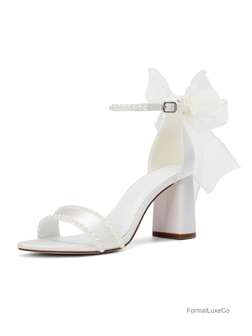 White Pearl Bridal Sandals Open Toe Block Heels with Bow Wedding Shoes